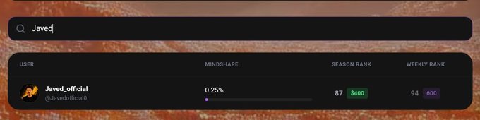 A dark-themed leaderboard interface showing a user profile for 'Javed_official' (@Javedofficial0) with a 0.25% Mindshare, a Season Rank of 87 ($400), and a Weekly Rank of 94 (600).