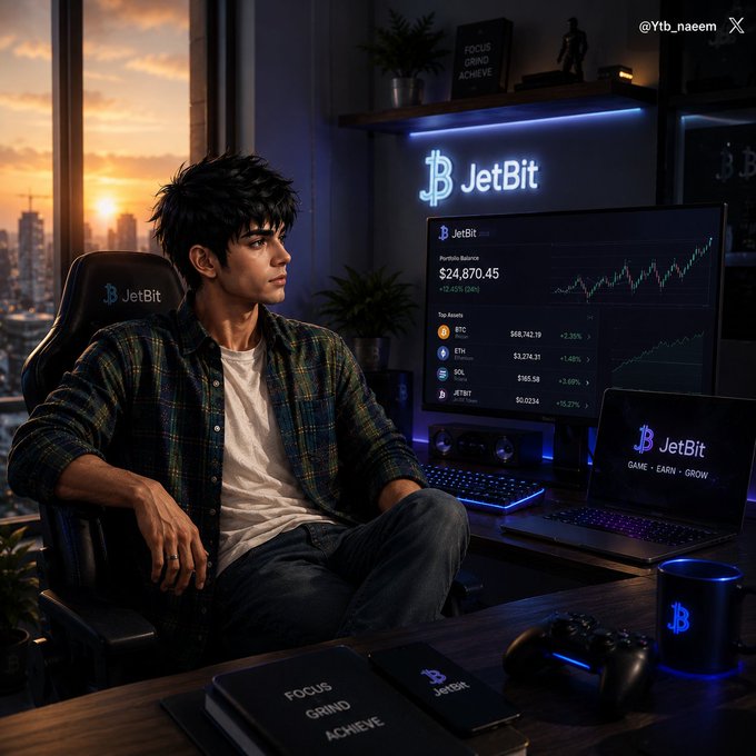 A young man relaxes in his gaming chair at a JetBit-branded crypto trading setup at sunset, with a monitor displaying a portfolio balance of $24,870.45 and top assets including BTC and ETH. The image ties to the post by visually capturing the focused, after-hours crypto tracking mood while news of regulatory progress and JPMorgan's $362M BTC ETF holdings drives market momentum.