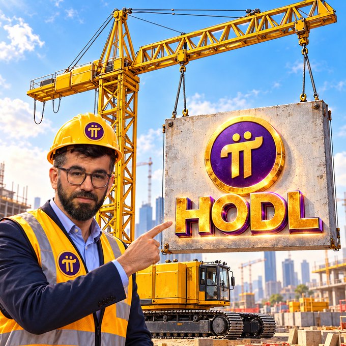 A construction worker wearing a yellow hard hat and safety vest points to a crane-lifted sign displaying the Pi Network logo and the text "HODL," visually connecting the crypto concept of holding onto Pi tokens with the construction themes of building and growth.