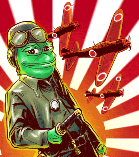 A stylized propaganda-style illustration of a green Pepe the Frog character dressed as a WWII Japanese pilot, standing before Japanese fighter planes against a red rising sun background.