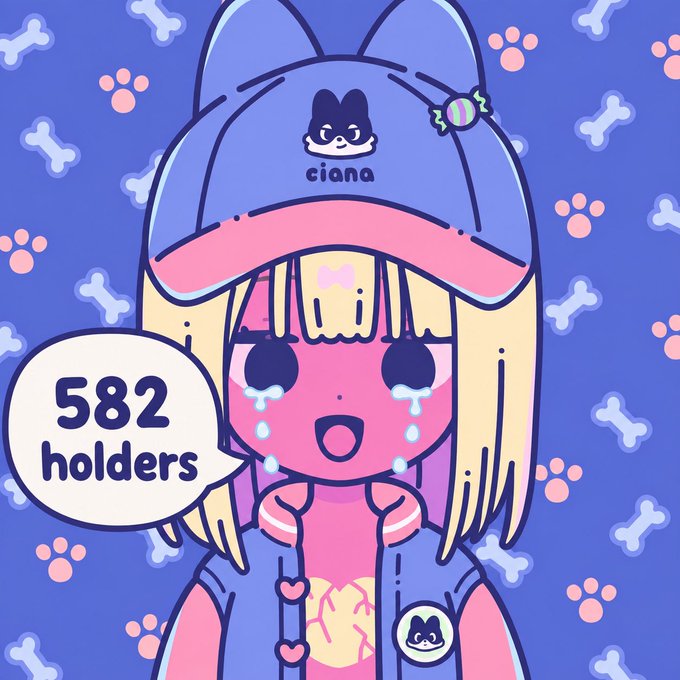 An anime-style illustration of a crying blonde girl wearing a blue and pink hat with rabbit ears and a 'ciana' bunny logo, shown on a blue background patterned with paw prints and bones, with a speech bubble reading '582 holders'.