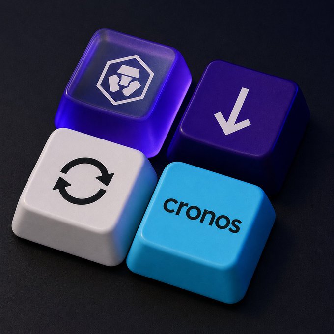Four colorful keyboard keys are arranged in a cluster on a dark surface, featuring a purple key with the Cronos logo, a dark blue key with a downward arrow (download/install), a white key with a refresh/sync icon, and a light blue key labeled "cronos." The image visually represents the transition and integration of the Onchain Wallet into the new Cronos App, with the keyboard keys symbolizing the rebranding process while the "cronos" key reinforces the platform's identity.