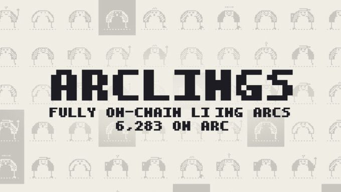 A pixel-art style banner for 'ARCLINGS' advertising 'FULLY ON-CHAIN LIVING ARCS' with 6,283 ON ARC, featuring repeating pixel character sprites in the background.