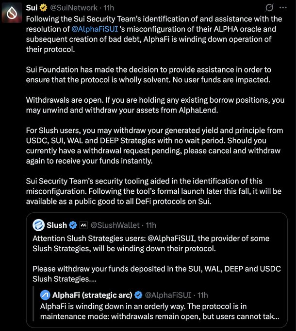 A Twitter/X thread from @SuiNetwork about the wind-down of @AlphaFiSU1's protocol, with quoted tweets from @SlushWallet and @AlphaFiSU1