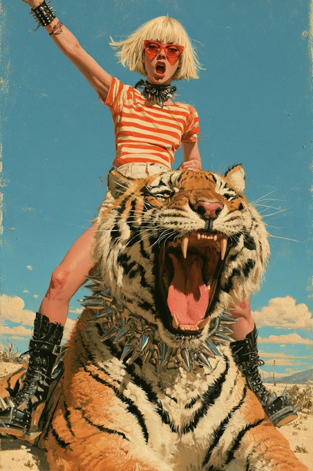 A stylized, colorful illustration or photo-manipulation of a blonde woman wearing red sunglasses, an orange and white striped crop top, and studded black boots, sitting on a roaring tiger with a spiked collar against a blue sky backdrop.
