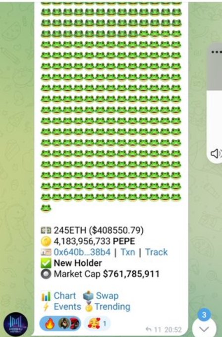 Screenshot showing a large accumulation of Pepe emojis (approximately 245ETH worth $408,550.79) with 4,183,956,733 PEPE tokens, labeled as a 'New Holder' with a market cap of $761,785,911.