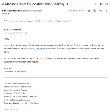 An email screenshot from Foundation Trust & Safety (Ben) at support@foundation.app regarding an NFT/Collection infringement notice.