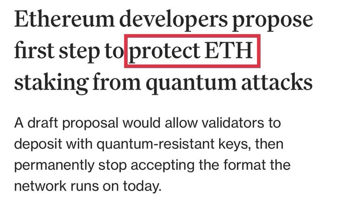 A news headline reads 'Ethereum developers propose first step to protect ETH staking from quantum attacks', with 'protect ETH' highlighted in a red box.