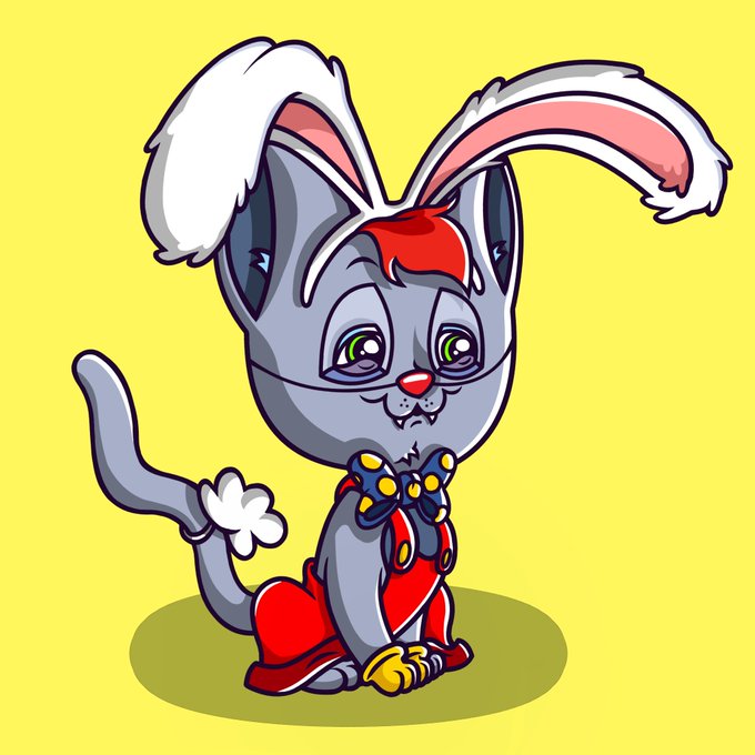 A cute cartoon rabbit character with a gray body, white-tipped ears, and a red streak on its forehead, wearing a red outfit with a yellow bow tie and sitting on a yellow background.