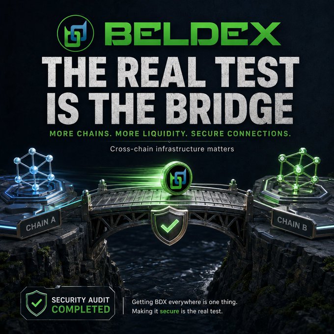 A promotional graphic for "BELDEX" featuring the tagline "THE REAL TEST IS THE BRIDGE - MORE CHAINS. MORE LIQUIDITY. SECURE CONNECTIONS" with "Cross-chain infrastructure matters" and showing a bridge connecting CHAIN A and CHAIN B, along with a "SECURITY AUDIT COMPLETED" badge.