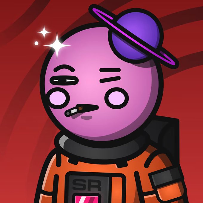 A cartoon illustration of a pink character with a purple planet (resembling Saturn) on its head, smoking a cigarette, and wearing an orange spacesuit marked 'SR'.
