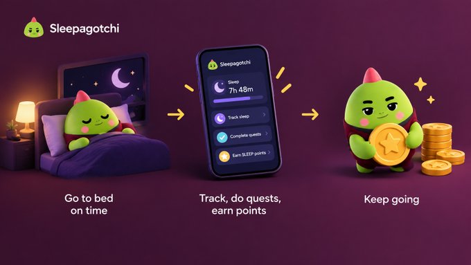 A promotional graphic for 'Sleepagotchi' showing a 3-step process: 'Go to bed on time', 'Track, do quests, earn points' via the app showing 'Sleep 7h 48m', and 'Keep going' with a green character holding gold coins.