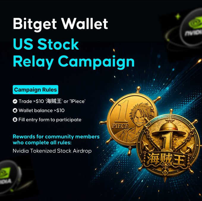 A Bitget Wallet 'US Stock Relay Campaign' promotion with rules to trade >$10 '海贼王' or '1Piece', maintain a >$10 wallet balance, and fill out an entry form for a chance at an Nvidia Tokenized Stock Airdrop.