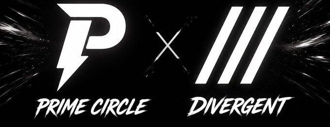 A promotional graphic with a black background displaying two white logos separated by an 'x', labeled 'PRIME CIRCLE' and 'DIVERGENT', flanked by dynamic speed lines.