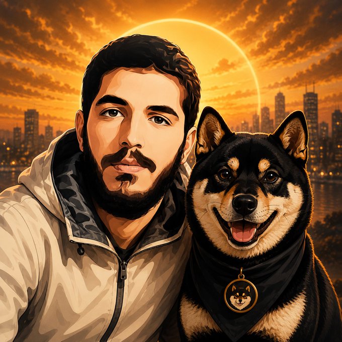 A bearded man in a white hoodie poses with a smiling black and tan Shiba Inu wearing a "Manyu" tag against a sunset cityscape, symbolizing early-stage loyalty. The image reflects the post's message about recognizing a meme coin ($MANYU) before it runs from $5M.