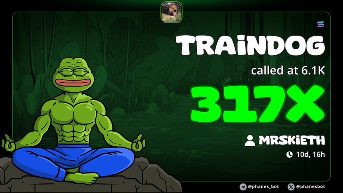 A meme featuring a meditating Pepe the Frog displays the call result for "TRAINDOG" (likely $TRAINDOG), called at 6.1K and currently at 317x, posted by @phanes_bot. The image humorously illustrates a massive 317x gain, contrasting the "begging" to buy at low market cap mentioned in the post with the extraordinary returns achieved.