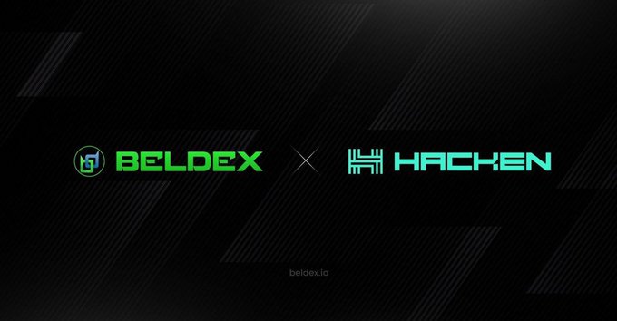 A dark promotional banner displaying the logos of 'BELDEX' and 'HACKEN' separated by an 'X', with the website 'beldex.io' shown below.