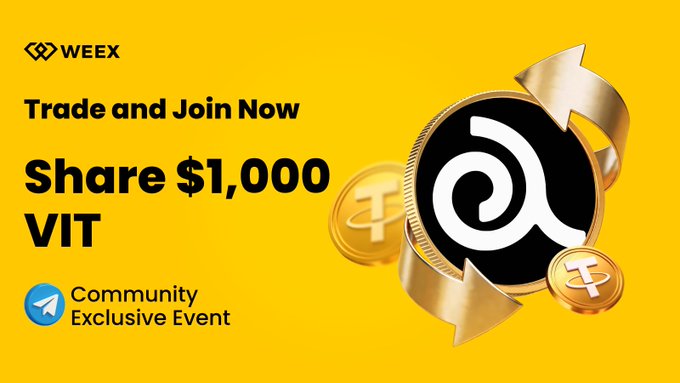 The image shows a yellow banner with a black logo that displays an advertisement for a trade and share event. It reads "Trade and Join Now Share $1,000 VIT Community exclusive event", inviting people to participate in a trading competition for trading tokens for $1,000. The text emphasizes the opportunity to win up to 10 tokens at this exclusive event.