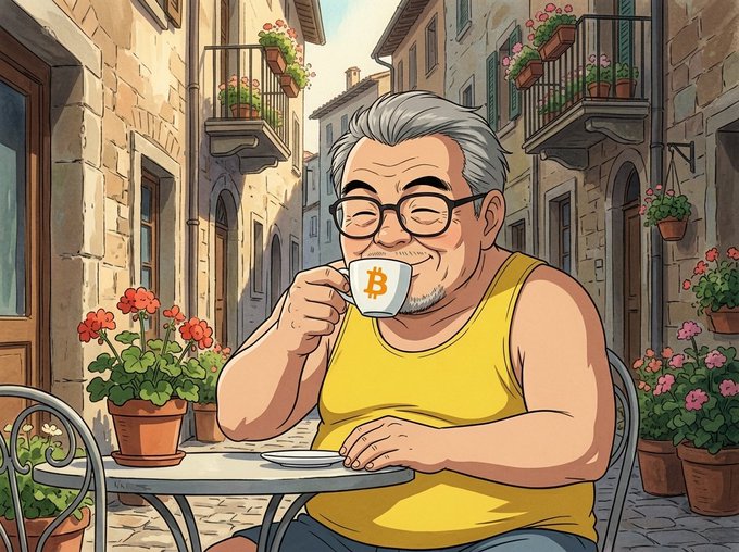 Anime-style illustration of an older man with glasses drinking from a Bitcoin (₿) mug while sitting at an outdoor café table surrounded by potted flowers in a European-style street setting.