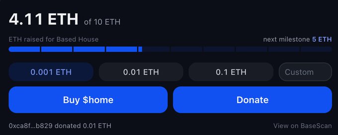 Based House ETH fundraising progress bar showing 4.11 ETH of 10 ETH raised, with Buy $home and Donate buttons.