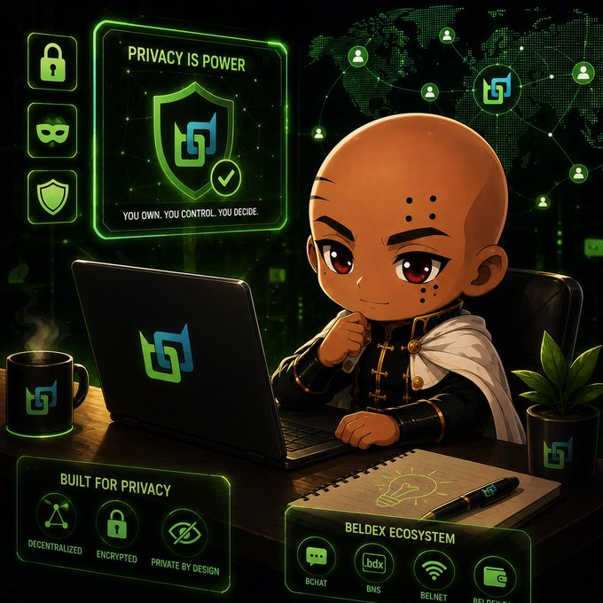 A promotional graphic for Beldex Ecosystem featuring a cartoon character at a laptop, highlighting 'Privacy is Power' with features like 'Built for Privacy' including decentralized, encrypted, and private by design elements, alongside services like BChat, BNS, and BelNet.