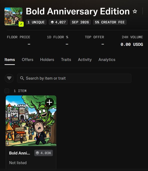 A screenshot of a digital collection page titled "Bold Anniversary Edition" showing 1 unique item with 4,027 supply, dated September 2026 with a 5% creator fee, featuring cartoon-style artwork.