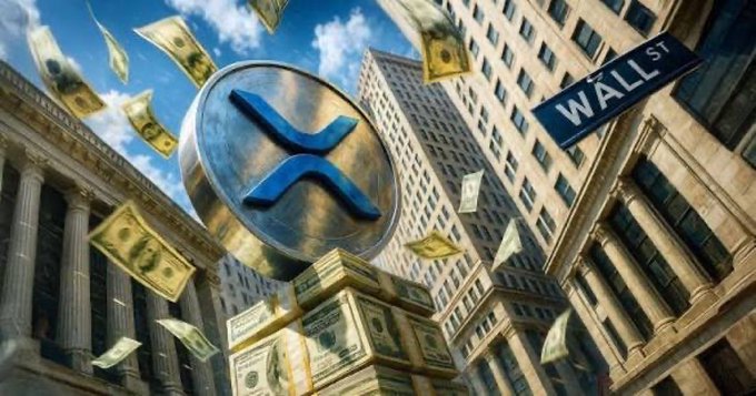 The image features a coin with the letter "X" on it, surrounded by $2 bills floating in mid-air above a city skyline. The sky is blue and cloudy, creating a sense of movement and excitement as the money appears to fall from the air around the coin. Below this scene, there's an illustration or post about cryptocurrency XRP falling in value soon. It seems that the coins are set to be used soon for purchasing, and it is a big news event at the moment. The image can be described as a massive news headline suggesting how much some people have made on XRP or how much others could potentially lose if they don't pay attention to this currency update.