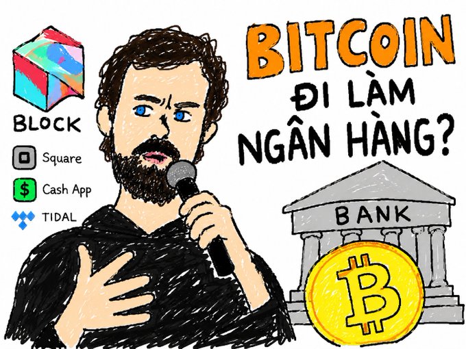 A hand-drawn illustration of Jack Dorsey holding a microphone, with the text 'BITCOIN ĐI LÀM NGÂN HÀNG?' and logos for Block, Square, Cash App, and TIDAL, alongside a bank building and Bitcoin symbol.