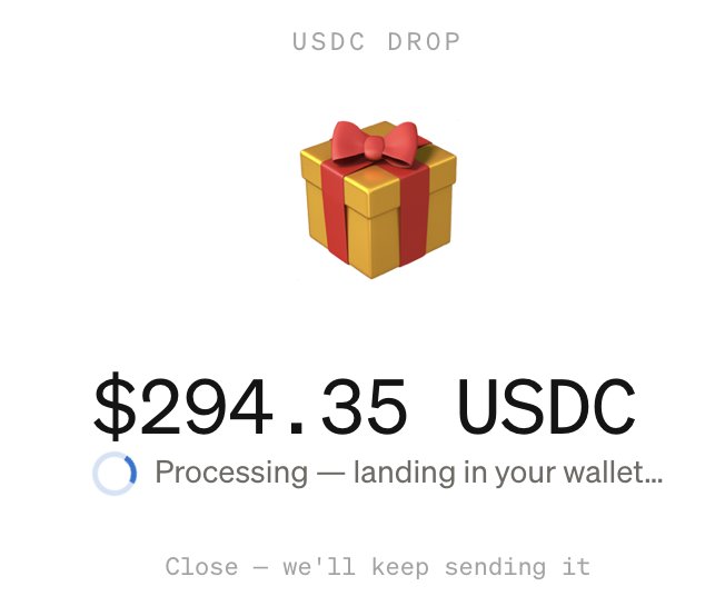 A USDC Drop notification shows $294.35 USDC processing into the user's wallet, with text "USDC DROP" above a gift box emoji and "Close — we'll keep sending it" below. The accompanying post directs users to claim the drop via paybox.sh by connecting Claude, signing in with email, and linking their X account.