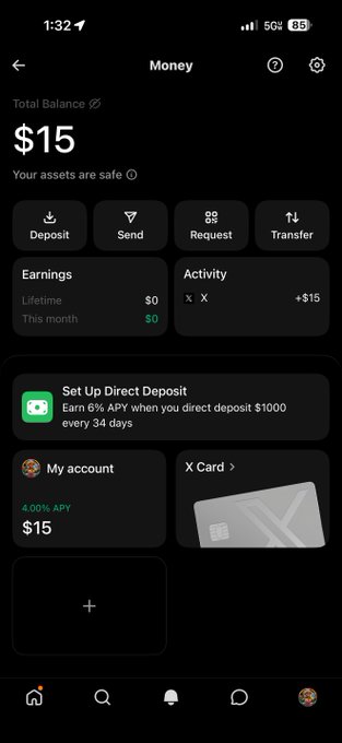 The image shows a smartphone displaying an X (formerly Twitter) "Money" account screen with a Total Balance of $15, reflecting the post's description of receiving $15 at 4.00% APY through the newly launched 𝕏 Money feature.