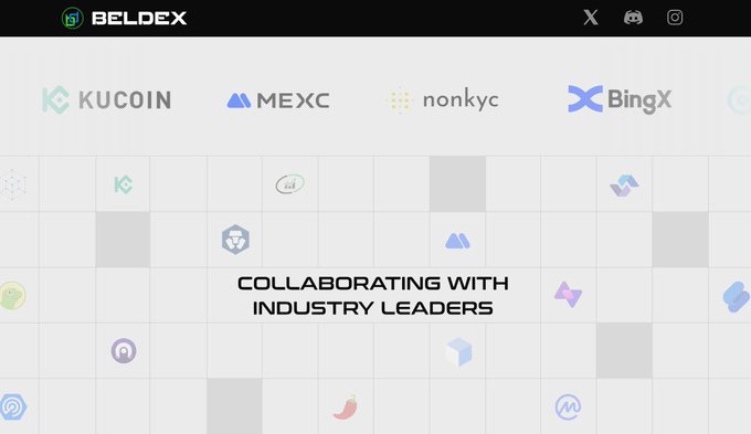 Beldex promotional image displaying partner exchange logos including KuCoin, MEXC, nonkyc, and BingX, with the tagline 'COLLABORATING WITH INDUSTRY LEADERS'.