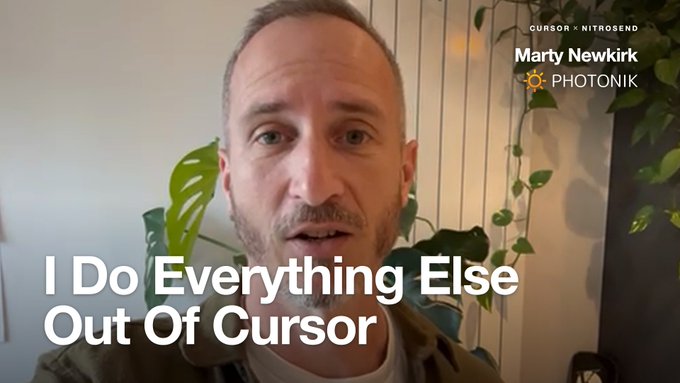 A close-up of Marty Newkirk of Photonik speaking on camera, with overlay text reading "I Do Everything Else Out Of Cursor" alongside Cursor × Nitrosend branding. The caption reflects Nitrosend's value of meeting developers where they already work, similar to how Marty works outside of Cursor for his other tasks.