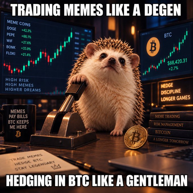 A hedgehog sits at a trading desk pulling a large lever, surrounded by screens showing meme coins (DOGE +42.3%, PEPE +68.1%, WIF +27.6%, BONK +33.9%, FLOKI +21.4%) and Bitcoin ($68,420.31, +2.7%), with a golden Bitcoin coin and books on risk management in view. The image plays on the "degen vs. gentleman" meme, with top text "TRADING MEMES LIKE A DEGEN" and bottom text "HEDGING IN BTC LIKE A GENTLEMAN," visually reinforcing the post's message that LeverHedge automatically hedges trades into xBTC via Hylo.