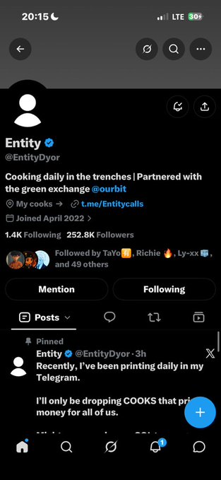 A screenshot of an X (Twitter) profile page for "Entity" (@EntityDyor), showing their bio, follower count, and a pinned tweet about printing daily in Telegram.