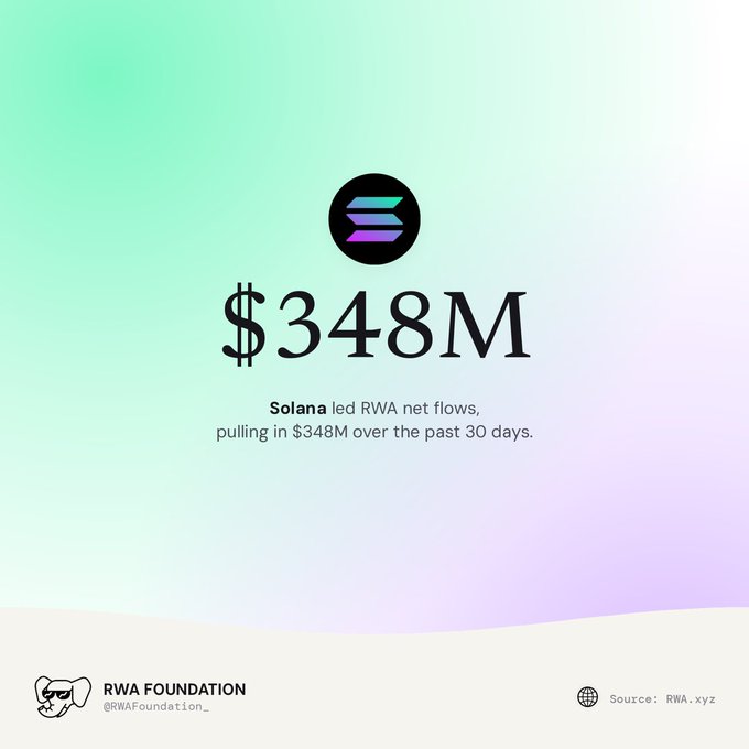 A Solana logo sits above the headline figure "$348M," with text reading "Solana led RWA net flows, pulling in $348M over the past 30 days," reinforcing the accompanying post's claim that Solana led real-world asset net flows in the past month, as credited by RWA Foundation (@RWAFoundation_) and sourced from RWA.xyz.