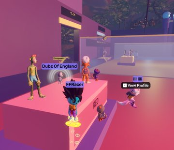 A screenshot from a virtual game shows cartoonish avatars on pink platforms with name tags like "Dubz Of England," "FFRacer," and "Hi kiki," with an option to "View Profile."