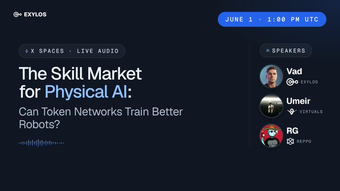 The image shows a poster or banner with information about an event related to robots and physical AI. The text on the poster includes details such as the date, time, location, speakers, and the name of the event. There are also some images displayed alongside the text, which provide additional context for the event. The main focus is on the skill market for physical AI, with a discussion about token networks and how they can be used to improve the quality of data in robotics.