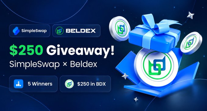 A promotional graphic for a '$250 Giveaway!' by 'SimpleSwap x Beldex' featuring 5 winners and offering $250 in BDX, with a 3D blue gift box and Beldex coins on a starry background.