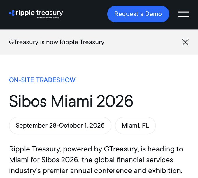 A promotional graphic from Ripple Treasury (powered by GTreasury) announces their attendance at the on-site tradeshow Sibos Miami 2026, held September 28-October 1, 2026 in Miami, FL. The image ties to the "It all comes back to XRP" theme by highlighting Ripple's expansion into traditional financial services, which ultimately reinforces the XRP ecosystem's broader adoption in global banking infrastructure.