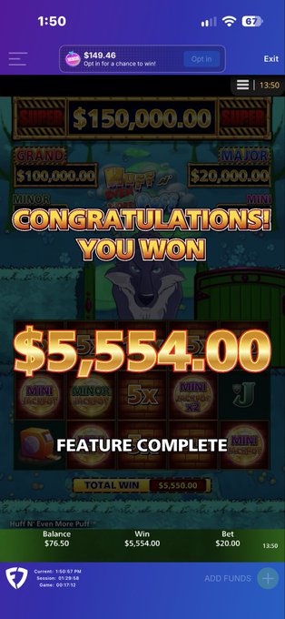 A mobile casino slot game screen shows 'CONGRATULATIONS! YOU WON' with a $5,554.00 payout from a $20.00 bet on the 'Huff N' Even More Puff' game.