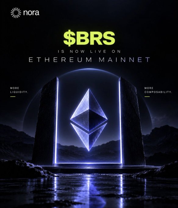 A promotional graphic by Nora announcing "$BRS is now live on Ethereum Mainnet," featuring the Ethereum logo glowing within a futuristic portal framed by the taglines "More Liquidity" and "More Composability," visually reinforcing the post's message about expanding the Brazilian Real's onchain potential.