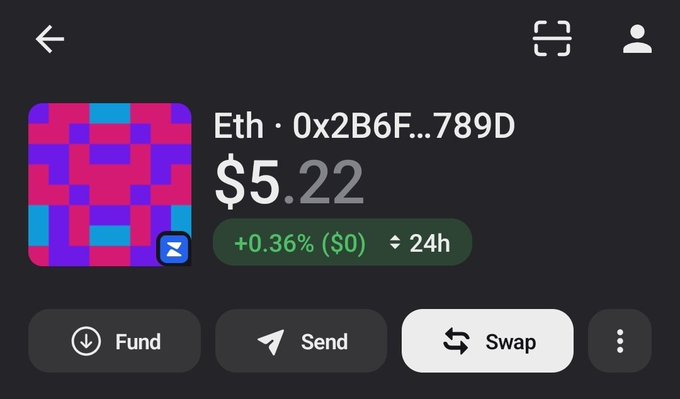 A cryptocurrency wallet interface showing an Ethereum account (0x2B6F...789D) with a balance of $5.22, a 24-hour change of +0.36% ($0), and buttons for Fund, Send, and Swap.