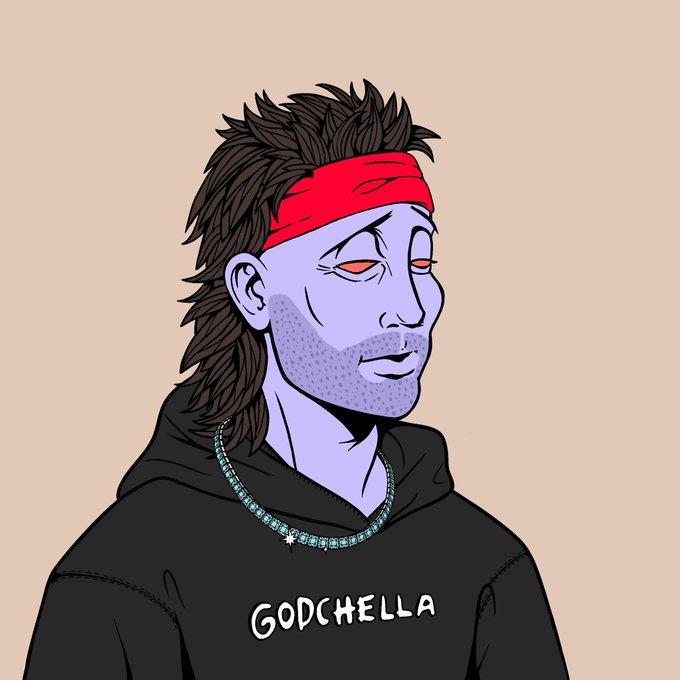Illustration of a purple-skinned character with spiky brown hair, a red headband, red eyes, and an iced-out chain, wearing a black hoodie with "GODCHELLA" written on it.