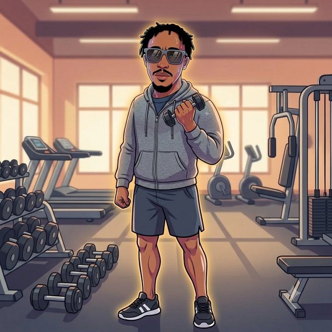 A digital illustration of a bearded man wearing sunglasses, a gray hoodie, and dark shorts, holding dumbbells while standing in a gym setting with various exercise equipment in the background.