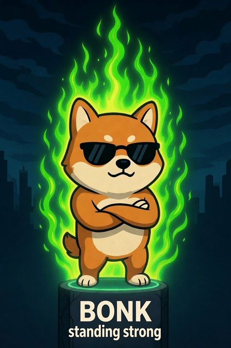 Digital illustration of a Shiba Inu dog wearing sunglasses, standing with arms crossed, surrounded by green flames, with the text 'BONK standing strong' at the base.