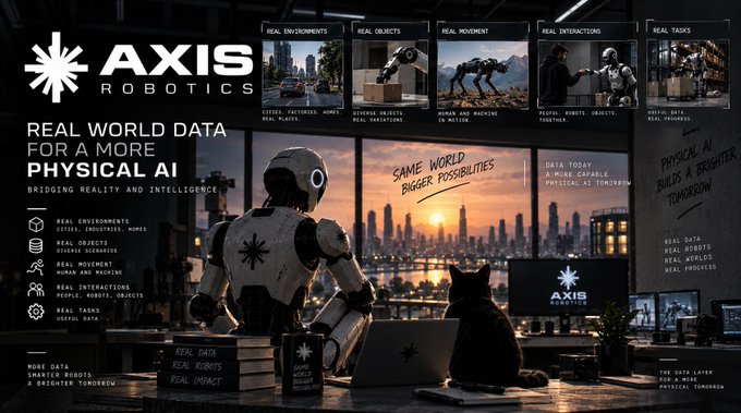 A promotional graphic for 'AXIS ROBOTICS' featuring the tagline 'REAL WORLD DATA FOR A MORE PHYSICAL AI' and 'SAME WORLD BIGGER POSSIBILITIES,' showing a robot figure with a cat against a cityscape backdrop, with categories listed including 'REAL ENVIRONMENTS,' 'REAL OBJECTS,' 'REAL MOVEMENT,' 'REAL INTERACTIONS,' and 'REAL TASKS.'