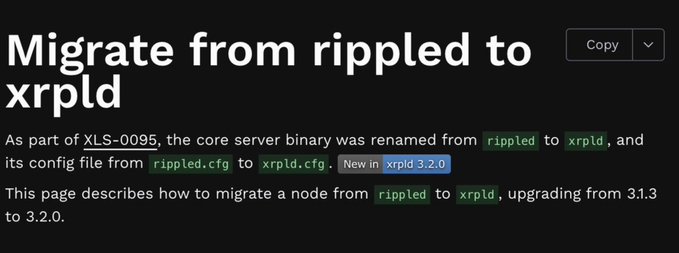 The main focus of this image is a screenshot of a blog post or article displayed with black text against a brown background, which says "LATEST: Updating to XRP Ledger 3.2.0 involves migration due to rippled to xrpld change". This suggests that the author has been researching about migrating from Ripple Ledger to the new XRP Ledger and is providing information or tips for those who wish to migrate their existing data accordingly.
