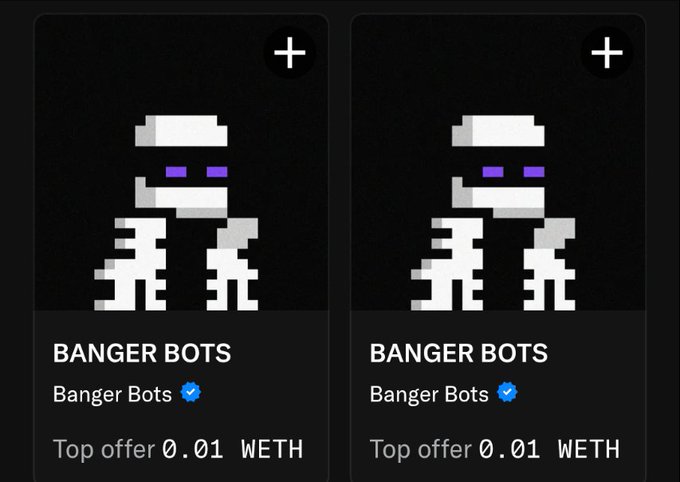 Two identical NFT listings for 'Banger Bots' showing pixelated skeleton-style robot figures with purple eyes, each with a top offer of 0.01 WETH.