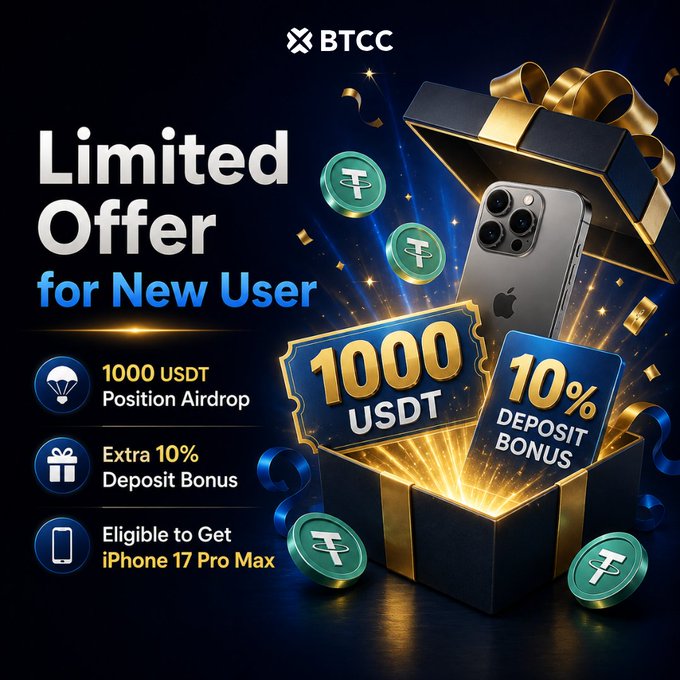 A promotional graphic for BTCC exchange showing a 'Limited Offer for New User' featuring an iPhone, gold coins with USDT logos, and a '1000 USDT Position Airdrop' with '10% DEPOSIT BONUS'.