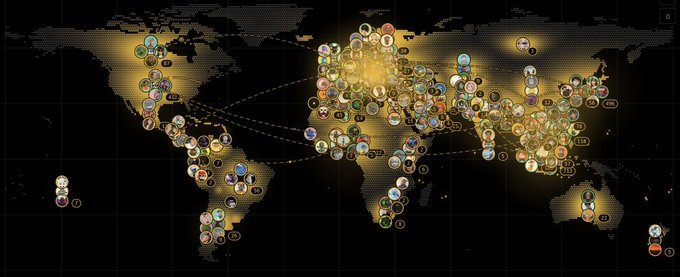 A dark world map visualization densely populated with circular user profile avatars clustered across continents, illuminated by a warm golden glow indicating activity.